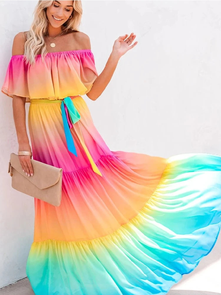 Multicolor bohemio volante fuera de hombro vestido de fiesta autogildeada túnica de algodón boho maxi vestidos vestidos a324