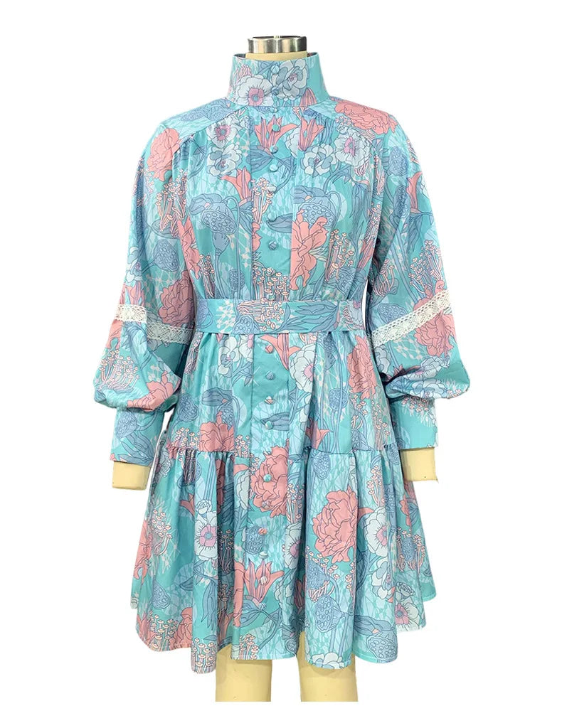 Women Long Sleeve Stand Collar Shirt Dress Spring Autumn Printed Short Dresses Elegant High Waist Party Dresses Vestidos