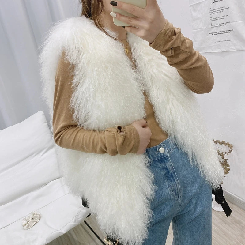 11 Colors Luxury Thick Warm Mongolia Sheep Fur Vest Women New Winter Hot V-neck Sexy Wool Fur Coat