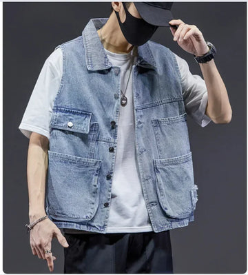 Summer 2025 Men's Fashion Denim Vest - Sleevless Solid Jacket with Utility Pockets and Shoulder Straps