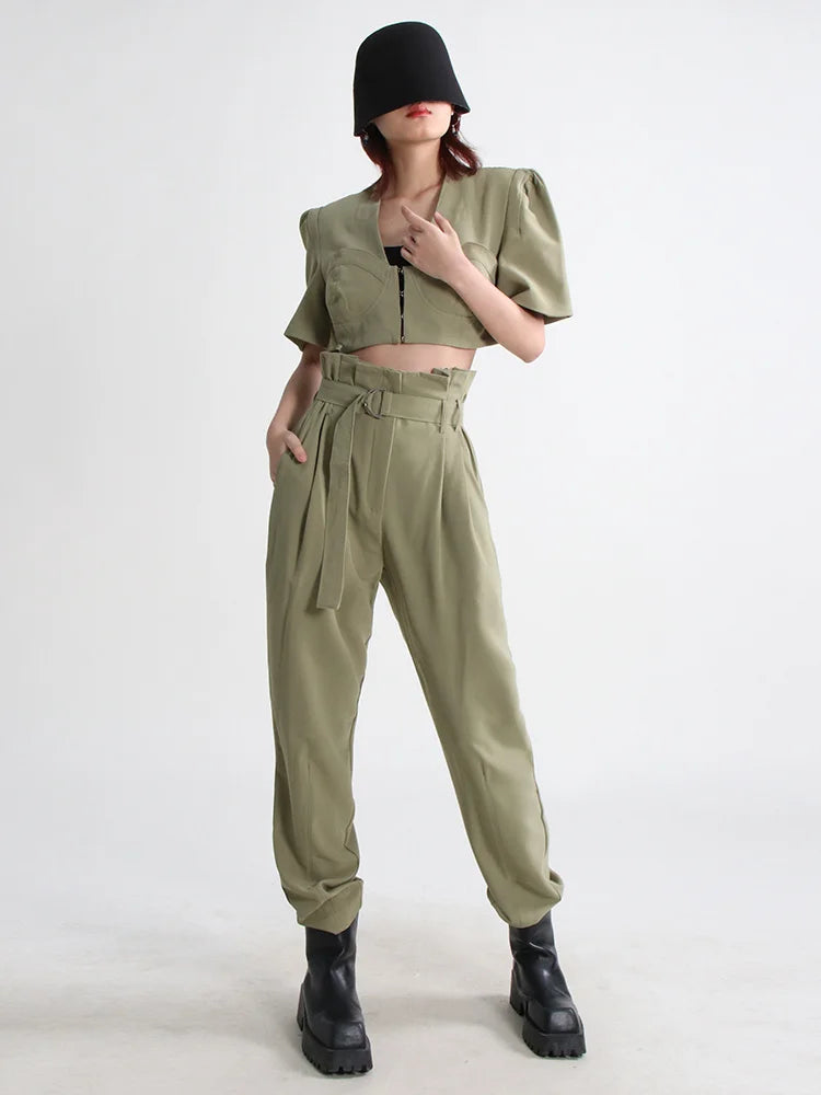 VGH Slim Two Piece Sets For Women V Neck Short Sleeve Crop Tops High Waist Spliceed Belt Wide Leg Pants Casual Set Female 2023