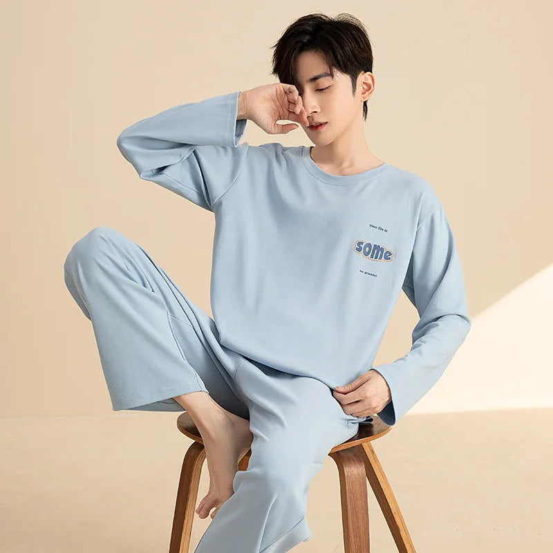 Cotton Plus Size Pajamas Men Long Sleeves Long Pants Sets Cartoon Bear Casual Nightwear Homewear Youth Sleepwear Loungewear