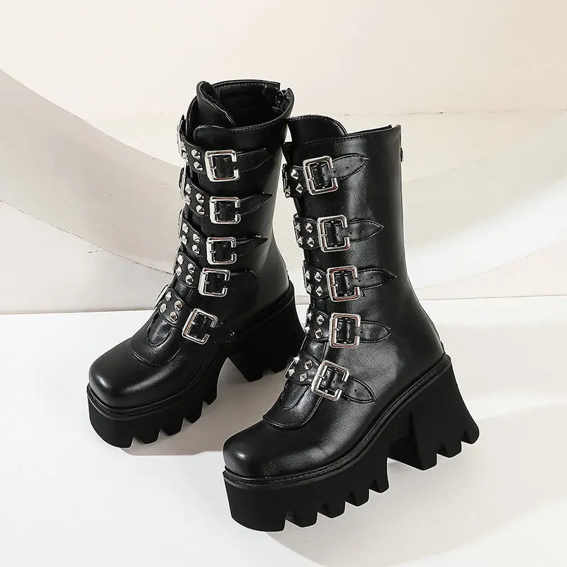 Maogu 2023 Platform Gothic Shoes Leather Women's Black High Boots Female High Heels Women Combat Punk Chunky Ladies Booties 43