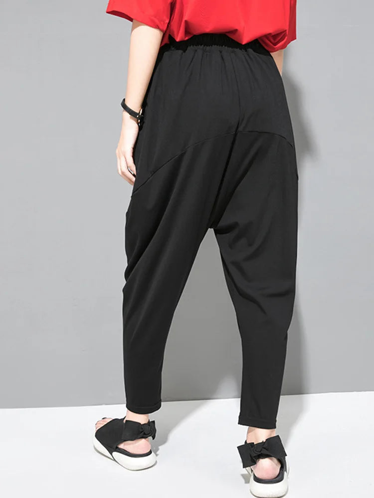 [EAM] High Elastic Waist Black Pockets Thin Harem Pants New Loose Fit Trousers Women Fashion Tide Spring Summer 2024 1DF4728