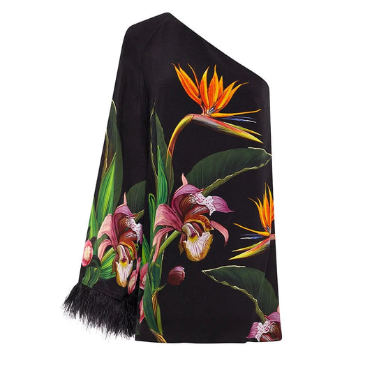 FLAXMAKER Floral Print One-Shoulder Feather Sleeve Dress