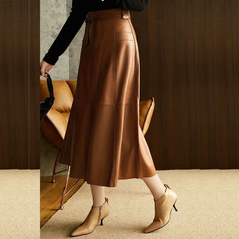 Vintage Brown High Waist A-Line PU Leather Skirt with Belts A Swing Long Office Lady Skirts Autumn/Winter New in Women Outfits