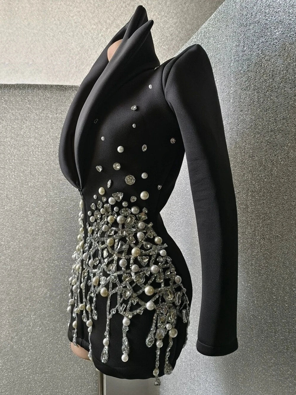 Sparkly Crystal Pearls Mini Dress Black Color  Fashion Suit Collar Birthday Evening Party Nightclub Dress Singer Dress