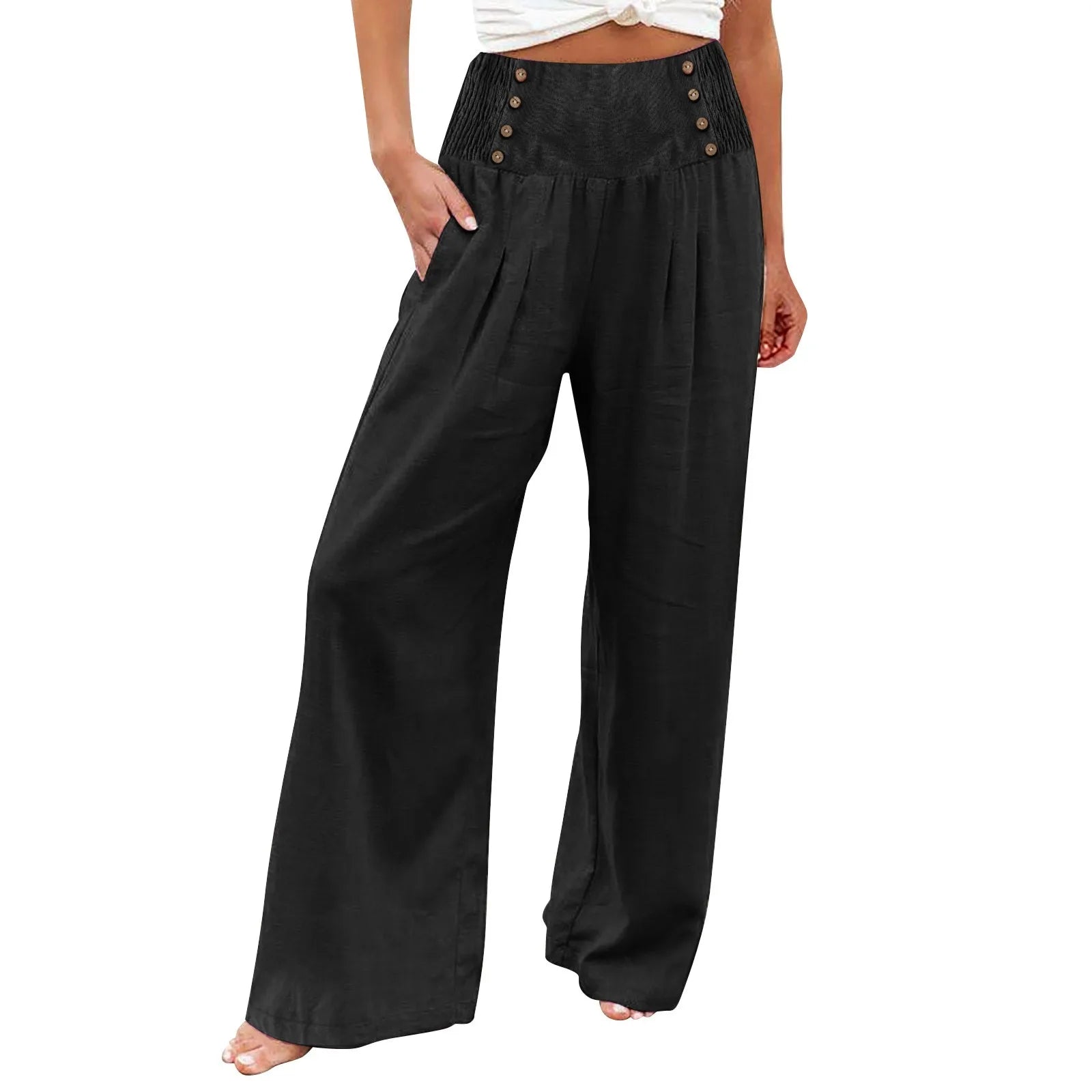 Summer Cotton Linen Wide Leg Pants Women Loose Palazzo Pant Pocket Elastic Waist Button Casual Pants