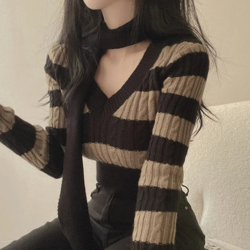 Elegant Scarf Collar and Cable Knit Long Sleeve Striped Skinny Sweater for Women