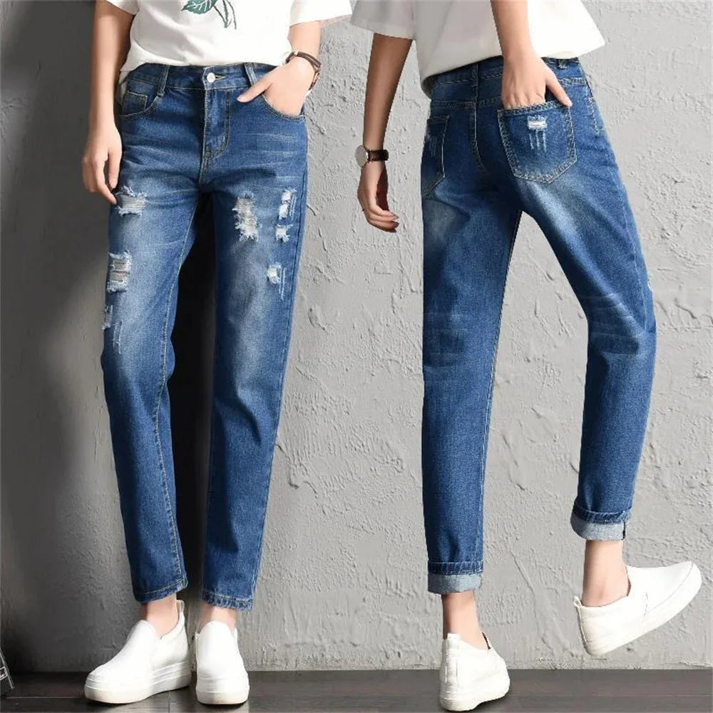 2024 Fashion New Women Mid Waist Boyfriend Big Ripped Hole Jeans Casual High Street Denim Pants Sexy Vintage Pencil Jeans y2k