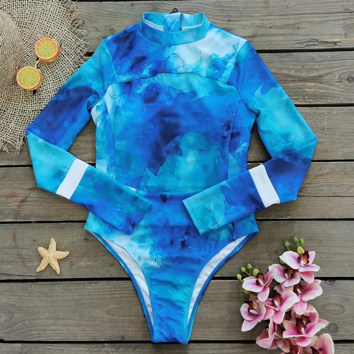 2024  New Tie Dyed One Piece Swimsuit  Long Sleeve Swimwear For Sports Surfing Bodysuit Swimsuit Summer Beach Rash Guard Surfing