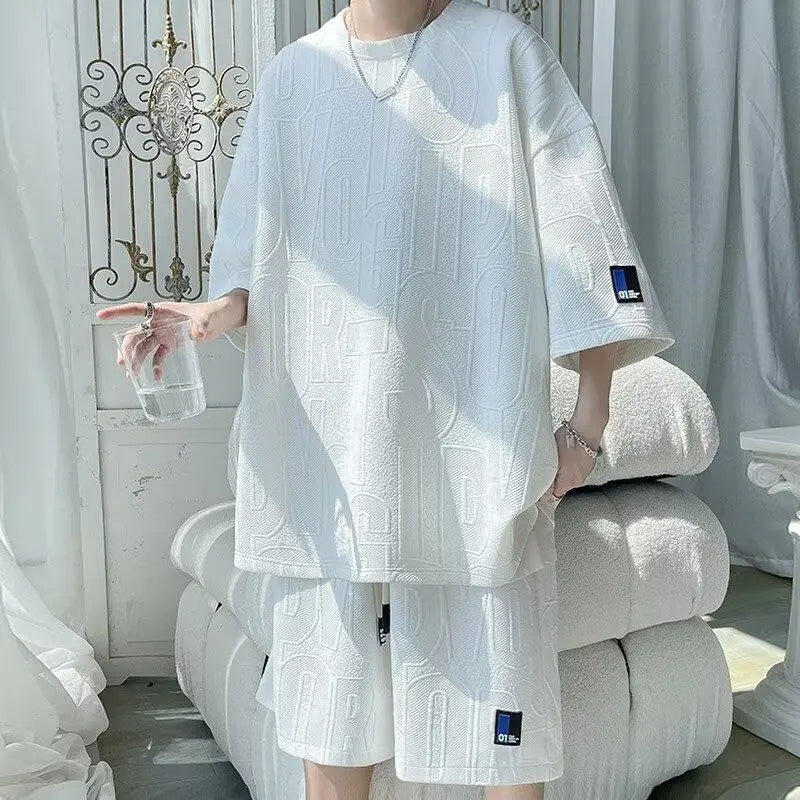 2025 3D Men's new Waffle TZ30 Summer Suit  Casual T-shirt + Shorts Suit Men's Tracksuit Solid color tracksuit loose suit