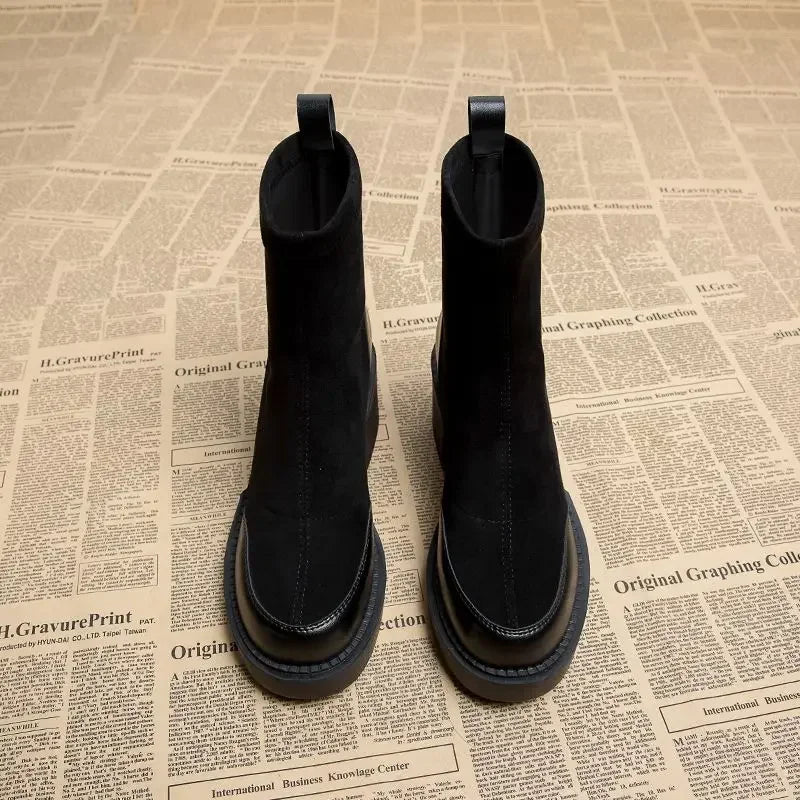 Maogu Black Women's Short Ankle Boots Sock Footwear Combat Booties High Heels Suede Heeled Autumn Boot Slip on Shoes for Woman