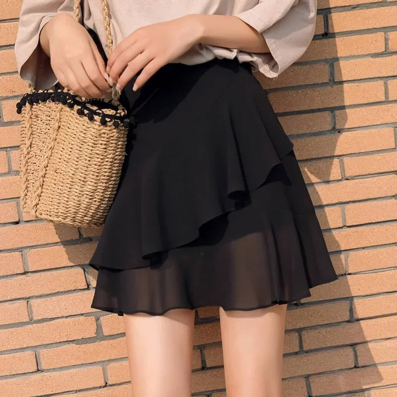 Womens Skirt Ruffle Skirts for Women Black Beach Clothing Chiffon Fashion Premium Luxury A Line Summer 2024 New in Korean Style