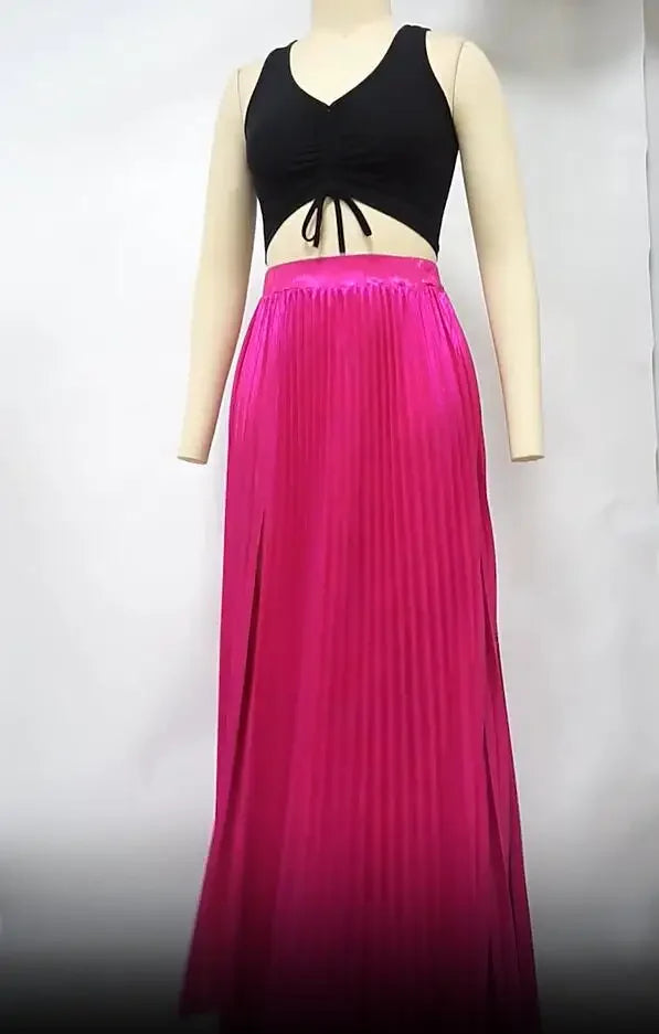 2024 Women Spring Autumn Elegant Chic Solid Color Pleated Skirt High Waist Long Slit Dress Luxury Fashion With Elastic Female