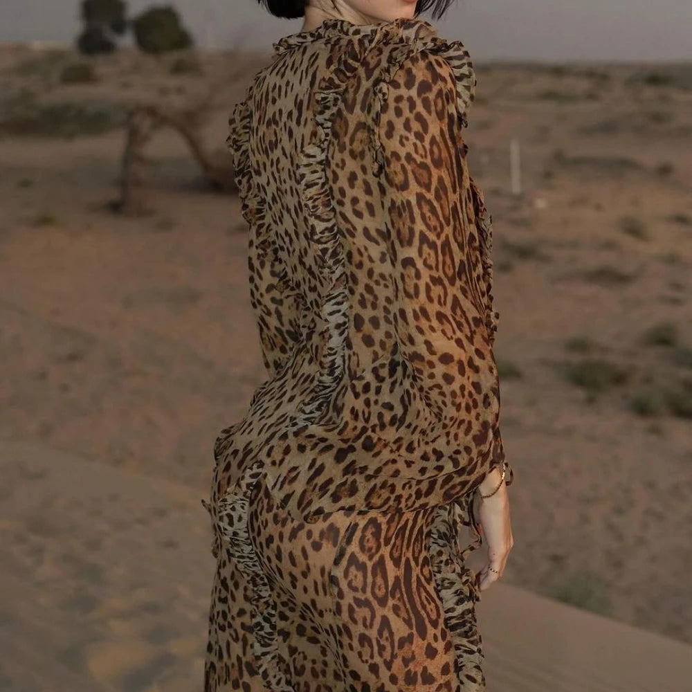 Vestido de praia com estampa de leopardo feminino moda com renda para cima vestidos longos e longos Vestido sexy de festa de férias de chiffon 2024 verão