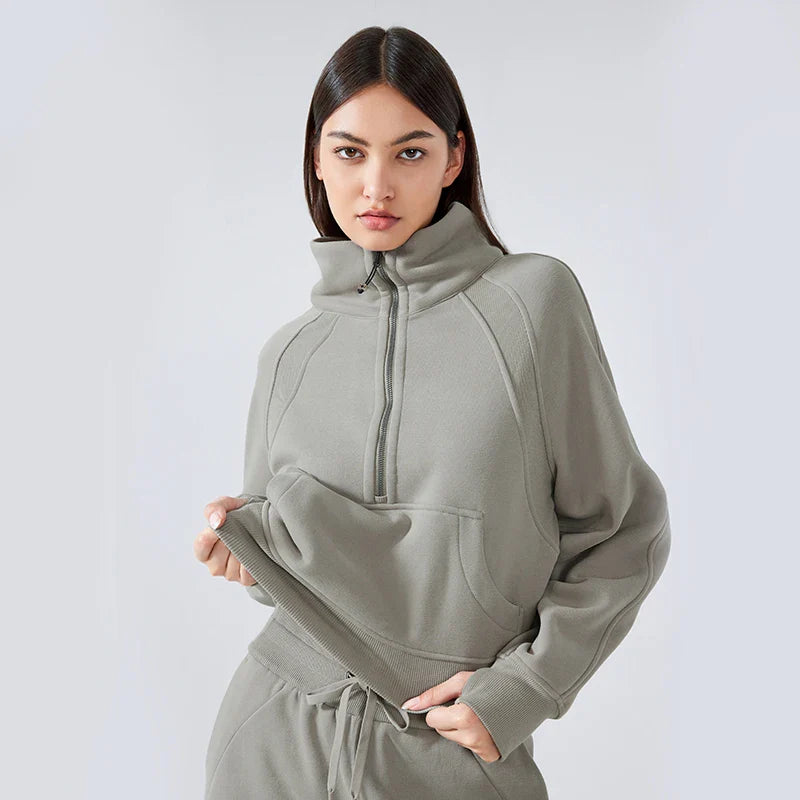 2024 Autumn New Half Zipper High Stand Collar Pullover Top for Women's , Warm and Fleece Thick Sports Hoodie for External Wear