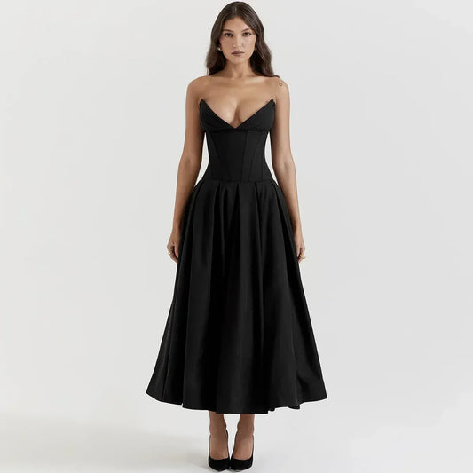 Suninheart Black Elegant Wedding Events Dress Sexy Strapless Corset Dress Midi Christmas Party Dresses for Women Clothing 2023 Read size chart 1