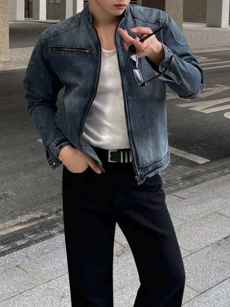 SYUHGFA Korean Style High Street Men's Denim Jackets Stand Collar Zipper Loose Vintage Washed Male Short Coats Tide 2024 Autumn