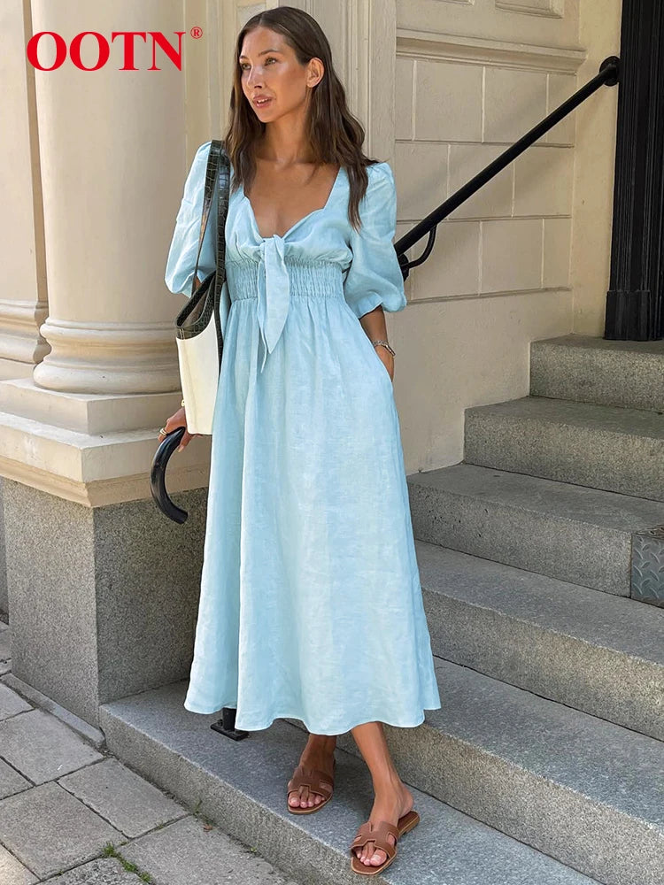 OOTN Sexy High Waist A Line Dresses Spring Elegant Blue Pleated Short Sleeve Dress Women Vintage Cotton Linen Summer Dress 2024