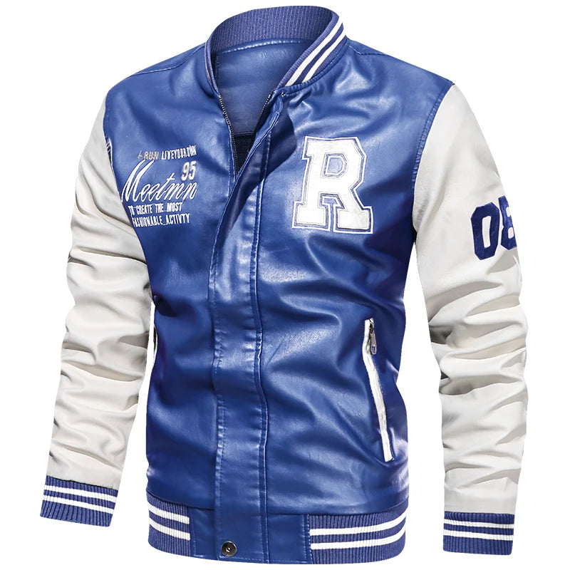 Winter Embroidered Leather PU Jacket Mens Leather Coat  Pilot Casual Fleece Stand Collar CoatWinter Down Jackets Baseball Parkas