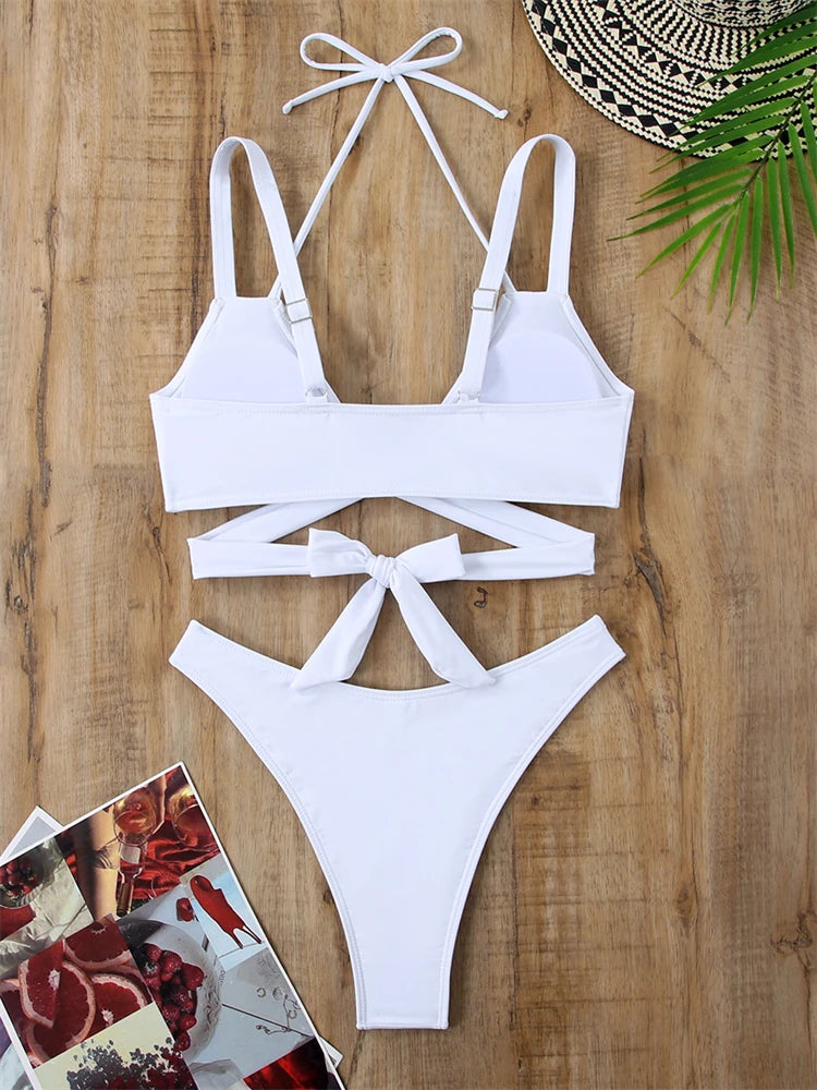 Mulheres de biquíni Swimsuit 2024 Novo laço sólido Lace Up Bikinis Set Sexy Tankwear Swimwear Summer Two peças de traje de praia fêmea feminina