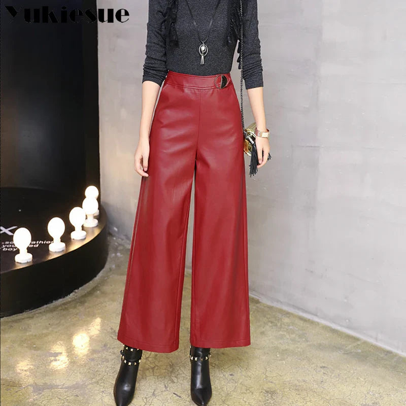 Wide leg pants capirs women 2022 winter warm PU leather pants female trousers OL office formal casual pants woman clothes