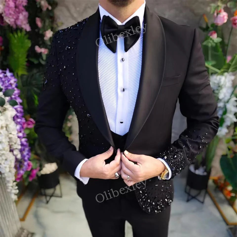 C03 Men Suit 3 Piece Sets Male Prom Blazers Slim Beaded Crystals one buttons Slim Fit for Wedding Groom Tuxedos