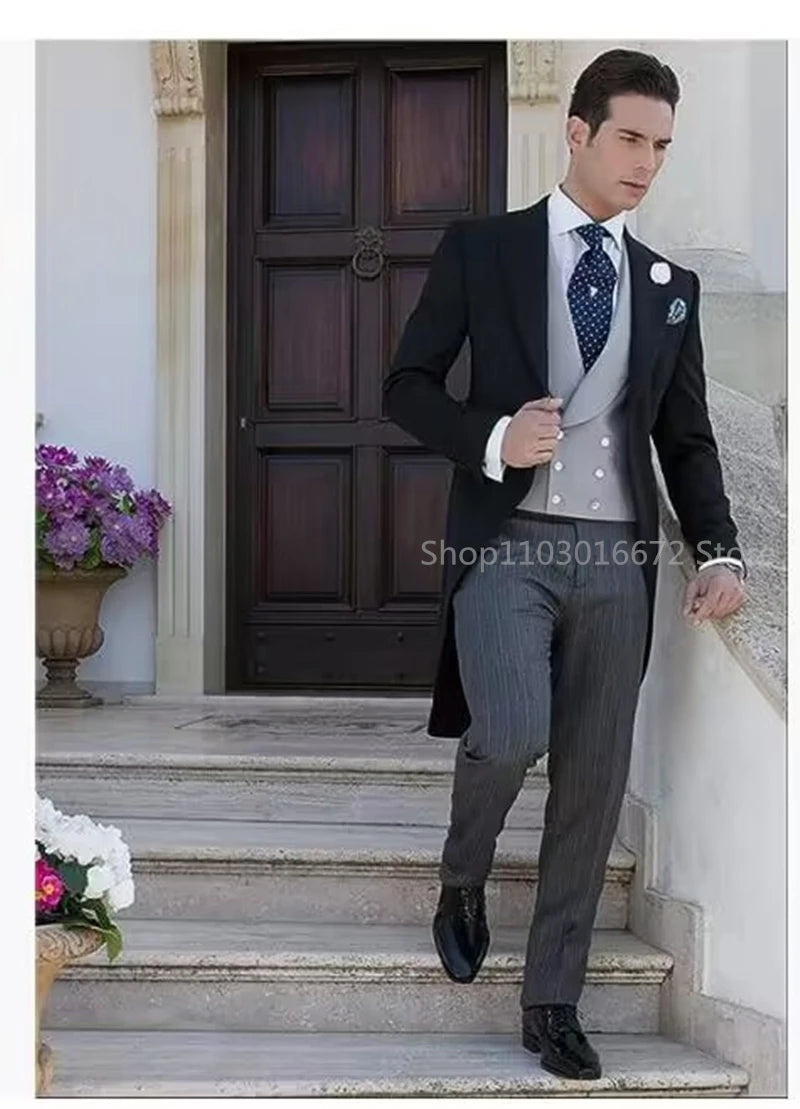 Black Wedding Men Tail Coat 3 Piece Groom Tuxedo for Formal Prom Party Male Suits Fashion Tuxedos Set Jacket with Pants Vest