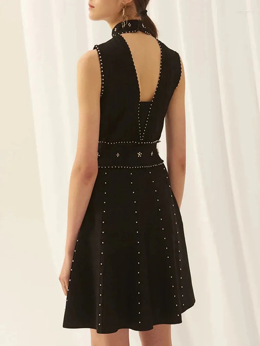 Ailigou 2024 New Summer Women's A-line Black Sleeveless Beaded Sexy Elastic Knitted Mini Dress Elegant Celebrity Party Dress