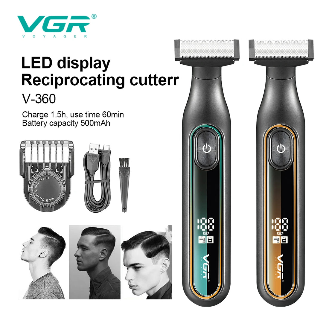 VGR 360 Hair Trimmer Cordless Beard Shaver Professional Hair Cutting Machine Waterproof 2 In 1 Digital Display Trimmer for Men