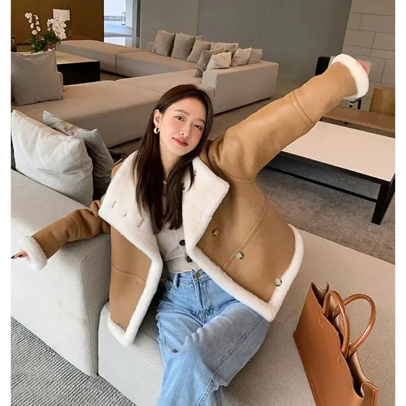 Lady 2024 Fashion Wool Jackets Women Fashion Real Wool Lamb Fur Coat Winter Jacket LSBH69