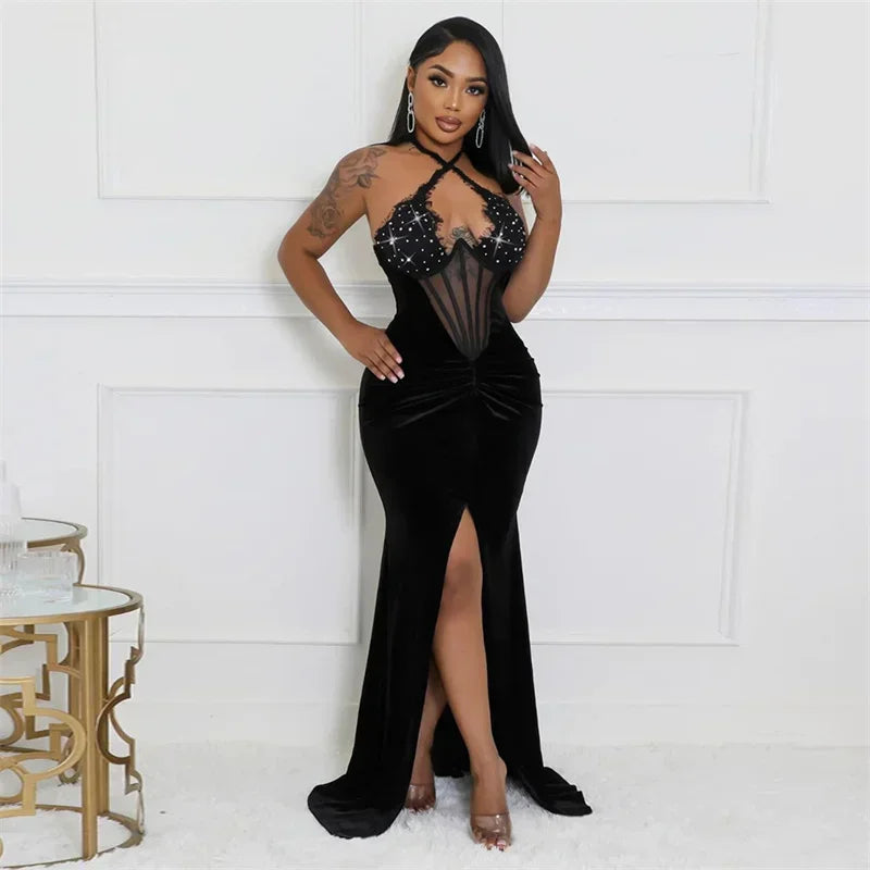 Halter Lace Up Up Women Lace Rhinestone Fish Bone Mesh Slim Vestido de Velvet Longo Velvet Vestido Fronteiro Sexy Maxi com luvas