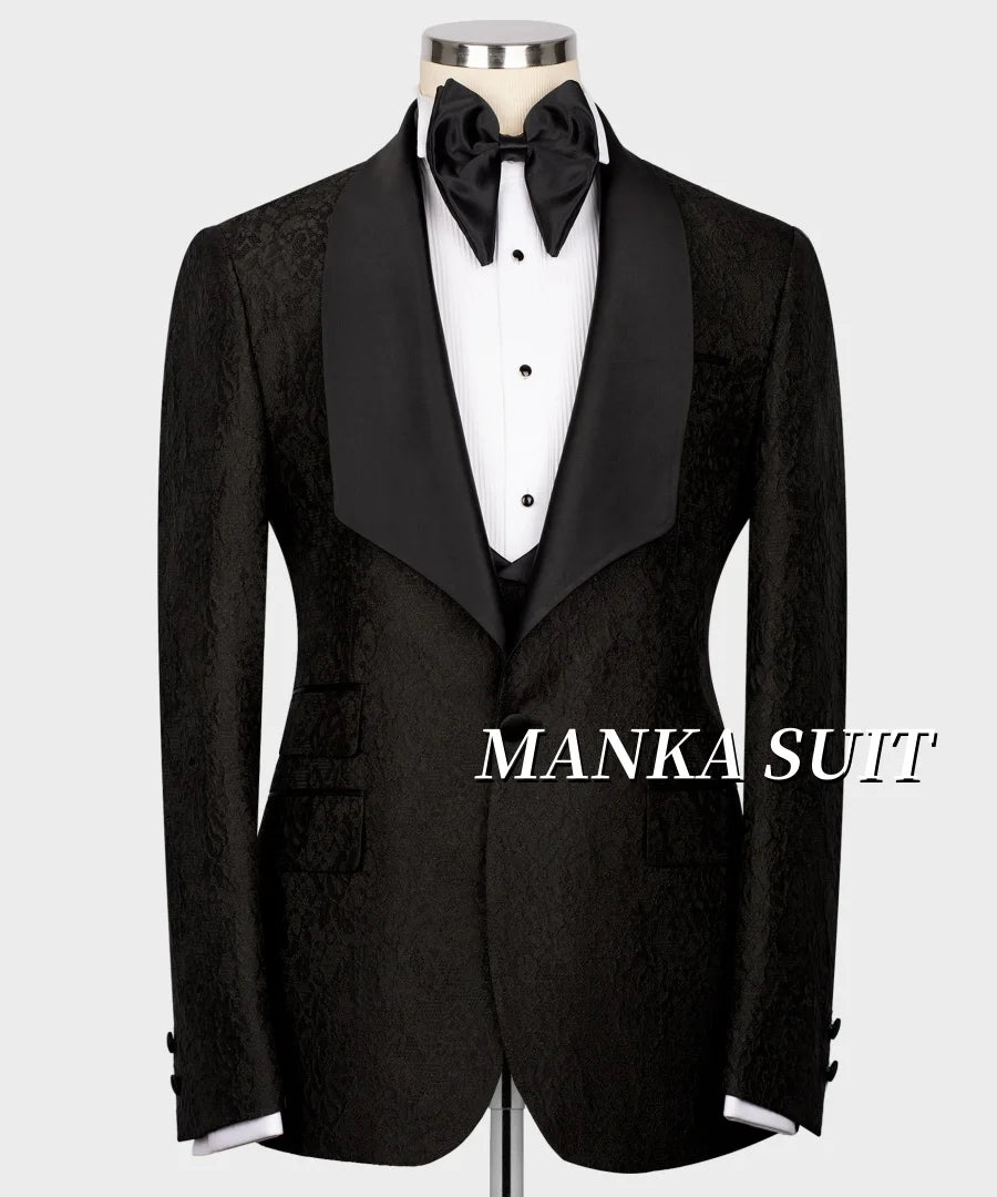 Black Jacquard Wedding Groom Tuxedo 3pcs Blazer Vest Pants Formal Party Special Occasion Men's Suits Tailor-made Suit Male