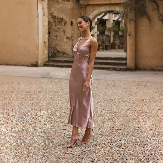Woman Elegant Dress Robes Invitée Mariage Satin Women Long Bridesmaid V-Neck Maxi Dress In Pink For Lady Party