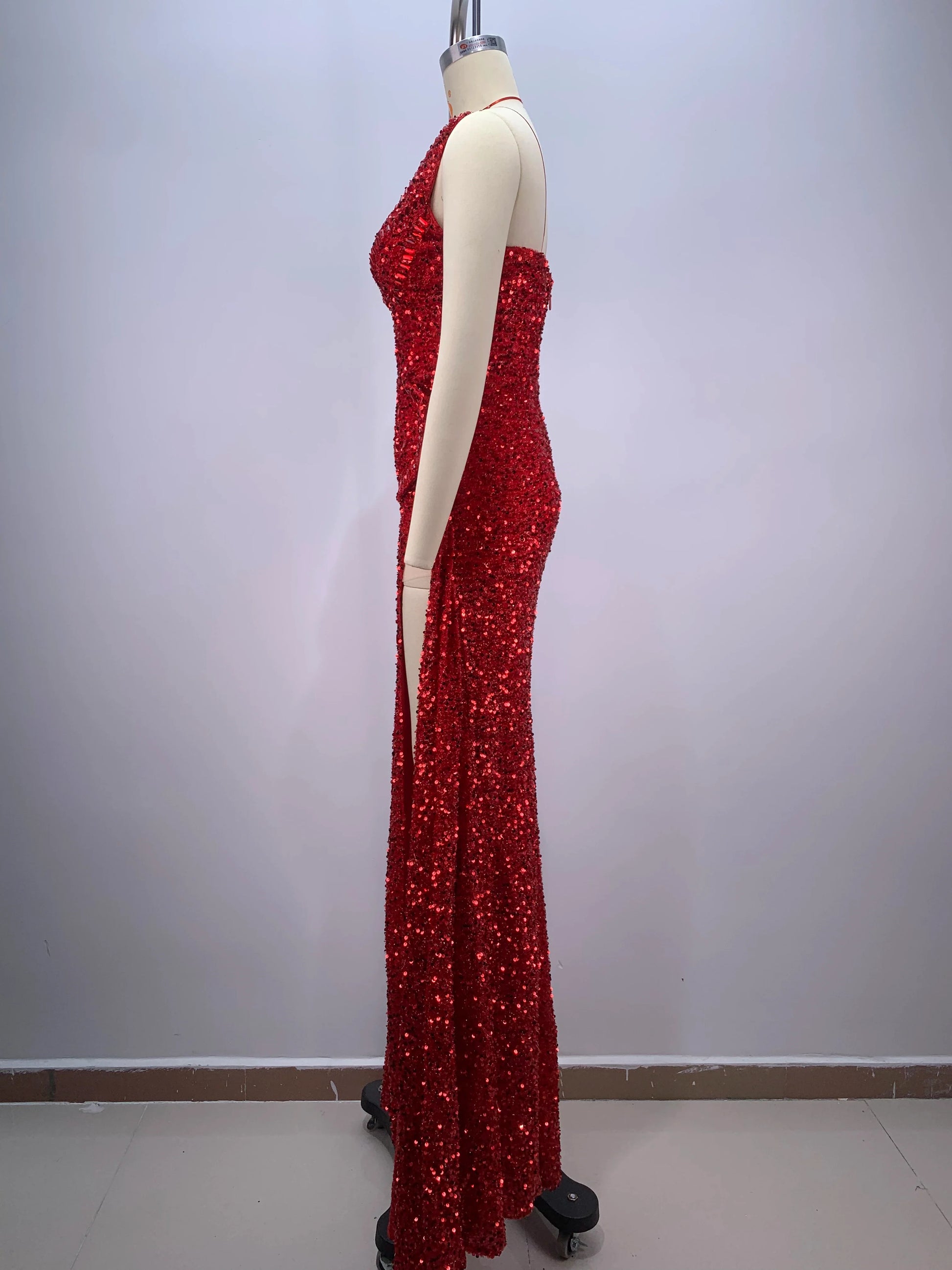 2024 New Arrival Red Color Women Sexy Strapless Shinning Sequins Floor-lenght Dress Wedding Party Celebrate Prom Dress Vestido