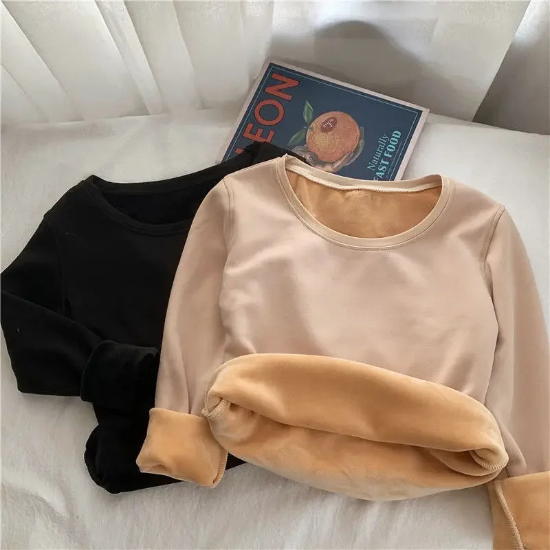 Women Autumn Winter Bottoming Shirt Constant Temperature Plus Velvet Long-sleeved T-shirt Plus Velvet Heating Thermal Top