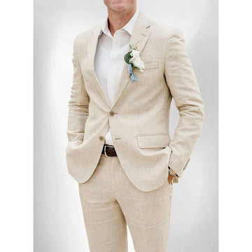 Chic Linen Beige Suits for Men Flat Front Single Breasted Notch Lapel Skinny Blazer Casual 2 Piece Jacket Pants Male Clothing