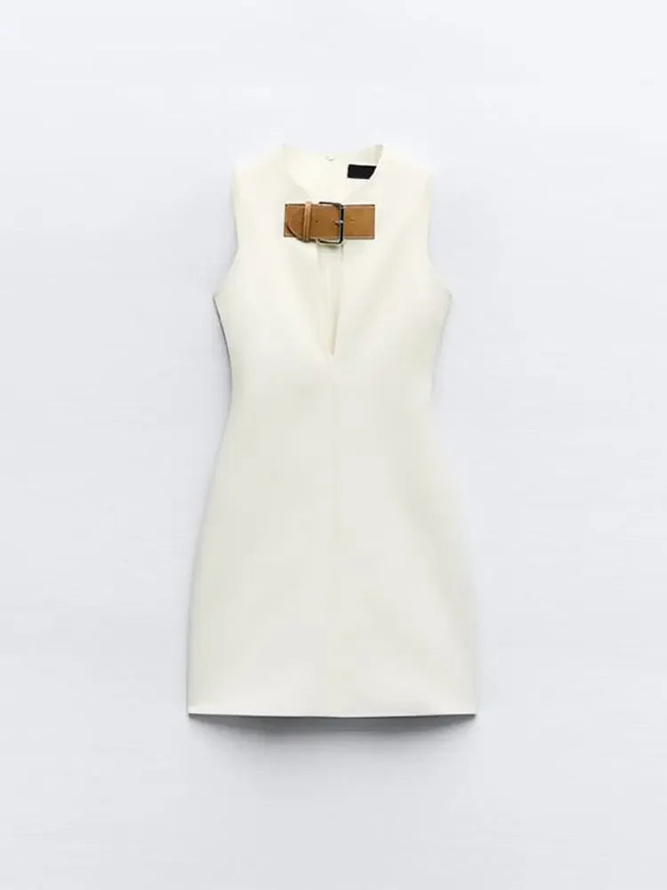 Elegant Solid Slim Sleeveless White Mini Dress Women Sexy Hollow Out Leather Buckle Short Vestidos 2024 Chic Ladies Streetwear