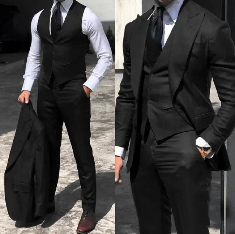 Burgundy Classic Men Suits 3 Pieces Tuxedo Peak Lapel Groomsmen Wedding Suits Set Fashion Men Business Blazer Jacket+Pants+Vest