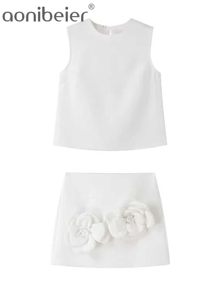 Aonibeier Y2K Extreme Short Women Mini Skirt Suits Traf 2024 Summer Flower Appliques Sleeveless Tanks Female Crop Top Sets White