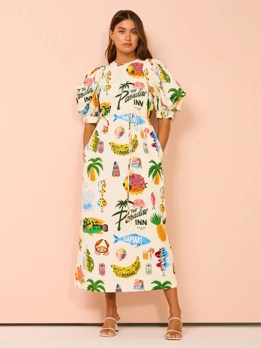 Women Hawaii Holiday Print Long Dress Short Sleeve Sashes Empire Waist Loose Vintage Retro Ladies Summer Beach Drsses 2024 NEW
