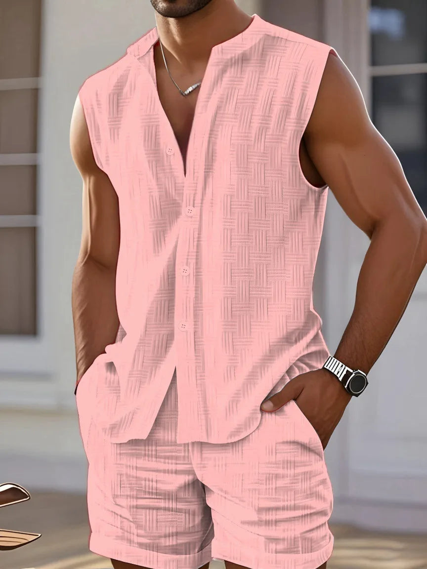 2025 summer new hot Europe and the United States cross-border men's vest shirt casual loose sleeveless shorts beach suit
