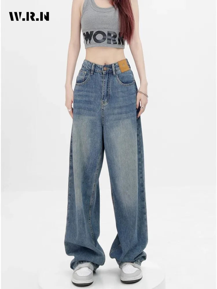 Women Retro Aesthetic Wide Leg Baggy Casual Denim Trouser Harajuku Blue High Waist Loose Jeans 2024 Spring Fashion Pants