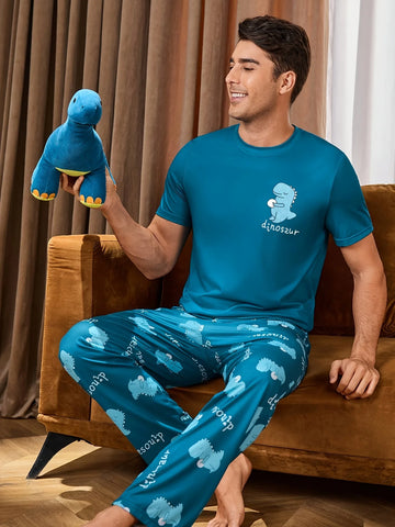 Men's 2-Piece Pajama Set - Cartoon Dinosaur Print, Crew Neck Short-Sleeve Top & Pants