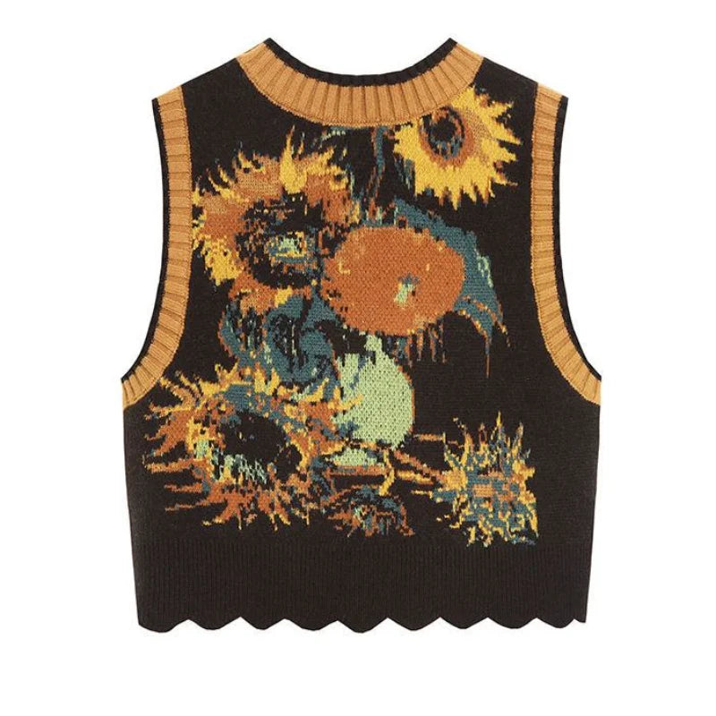 Vintage Sweater Vests Women Harajuku Print Sleeveless Knitted Waistcoat Streetwear Korean Cropped Bandage Knitwear Tank Top New