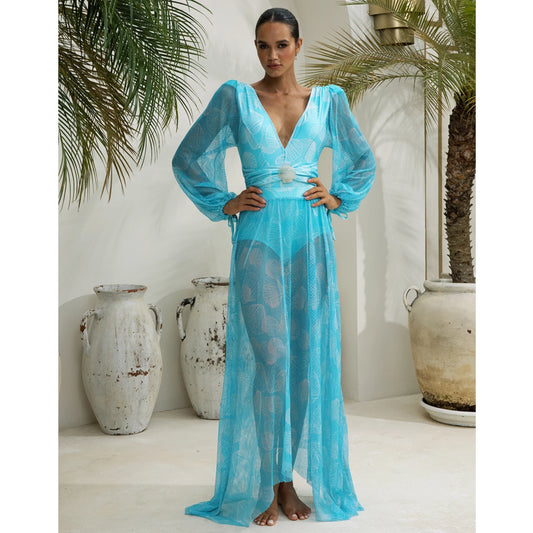 2024 V Neck Shell Print Decor Long Sleeve One Piece Swimsuit and Skirt  Clearance Whole Bodysuit Dress