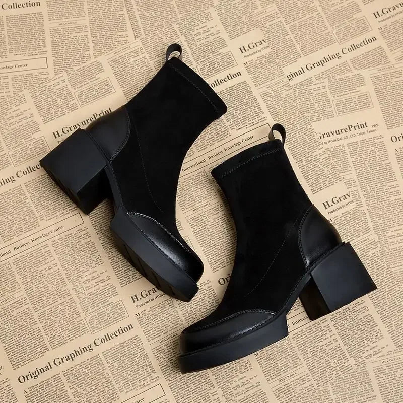 Maogu Black Women's Short Ankle Boots Sock Footwear Combat Booties High Heels Suede Heeled Autumn Boot Slip on Shoes for Woman