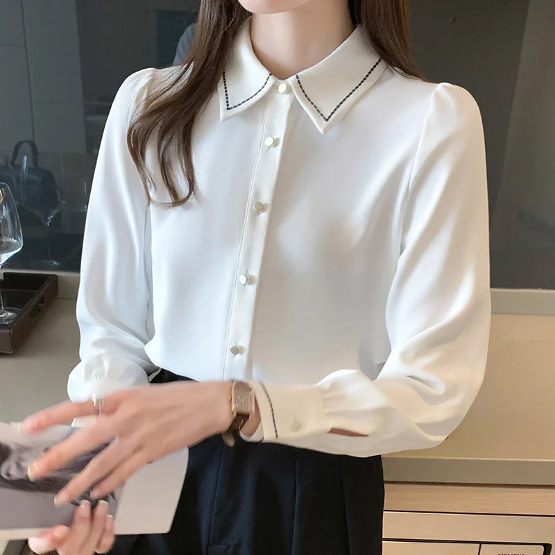 Women Clothing Solid Fashion Casual Loose Shirts Spring Autumn Long Sleeve Button Chic Turn-down Collar Blouses Female Top