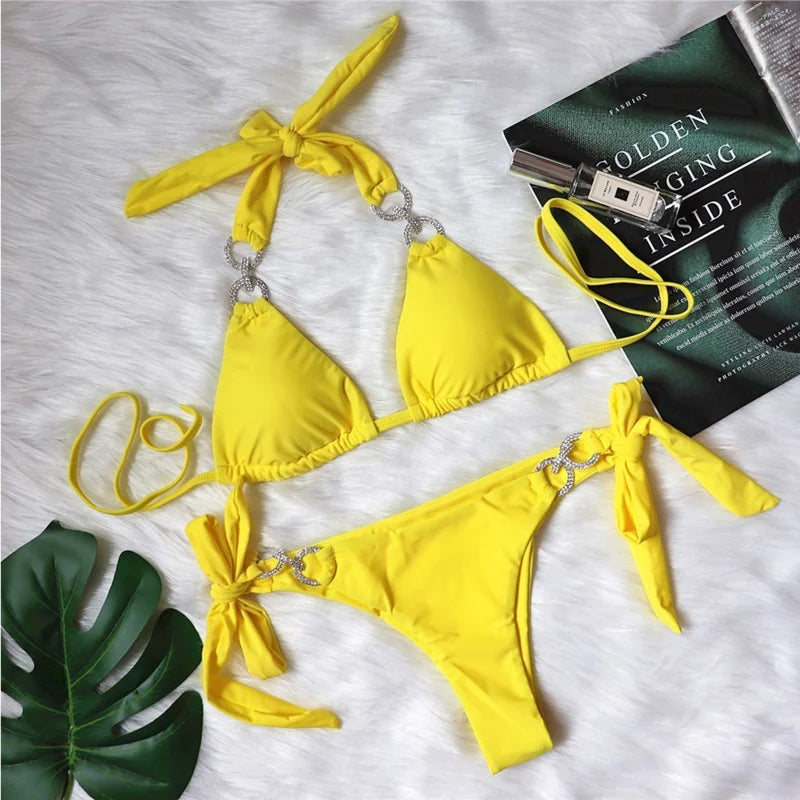 Yellow Sexy Bikinis 2024 Women Solid Color Swimwear Female Swimsuit Swim Beachwear Bathing Suit Brazilian Bikini Set Pool Bather
